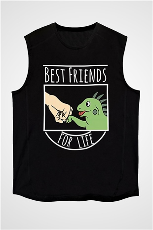 İguana Baskılı Unisex Siyah Kolsuz Tişört - Tshirt