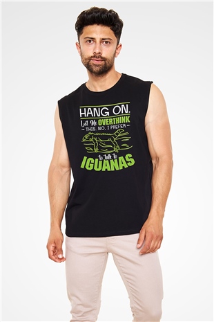 İguana Baskılı Unisex Siyah Kolsuz Tişört - Tshirt