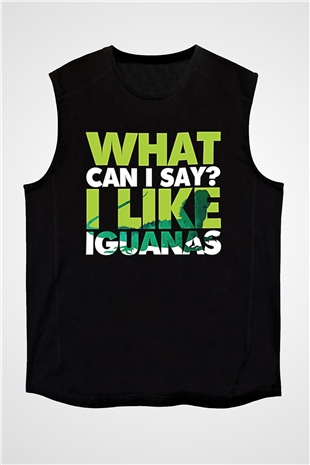 İguana Baskılı Unisex Siyah Kolsuz Tişört - Tshirt