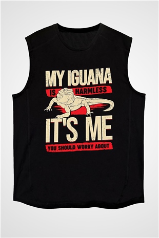 İguana Baskılı Unisex Siyah Kolsuz Tişört - Tshirt