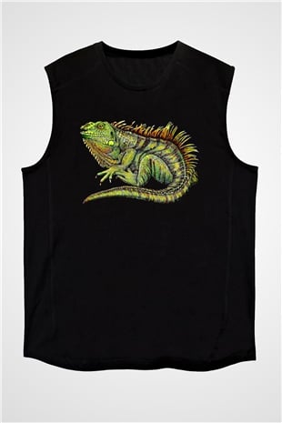 İguana Baskılı Unisex Siyah Kolsuz Tişört - Tshirt
