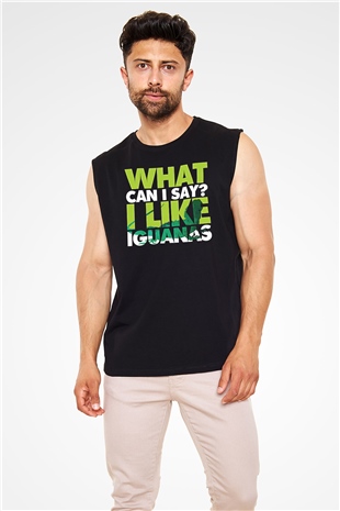 İguana Baskılı Unisex Siyah Kolsuz Tişört - Tshirt