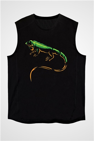 İguana Baskılı Unisex Siyah Kolsuz Tişört - Tshirt