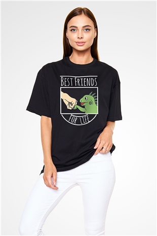 İguana Baskılı Unisex Siyah Oversize Tişört - Tshirt