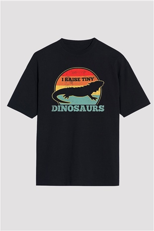 İguana Baskılı Unisex Siyah Oversize Tişört - Tshirt