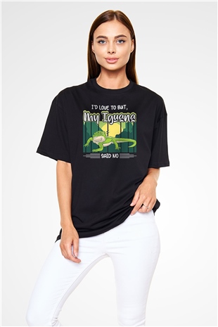 İguana Baskılı Unisex Siyah Oversize Tişört - Tshirt