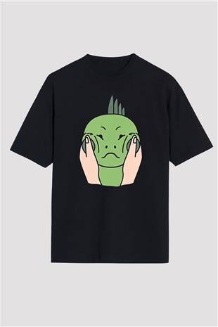 İguana Baskılı Unisex Siyah Oversize Tişört - Tshirt