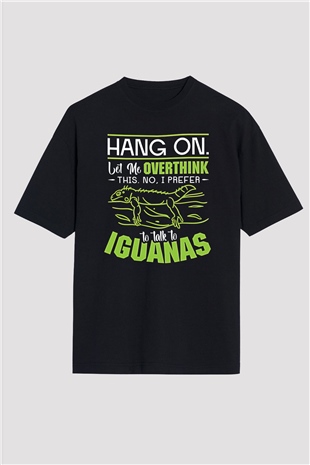 İguana Baskılı Unisex Siyah Oversize Tişört - Tshirt