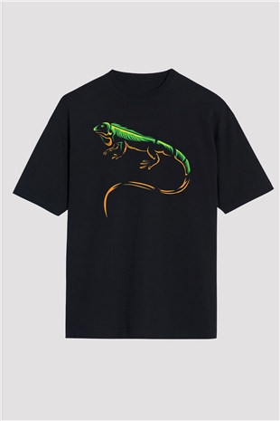 İguana Baskılı Unisex Siyah Oversize Tişört - Tshirt