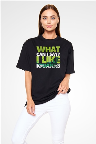 İguana Baskılı Unisex Siyah Oversize Tişört - Tshirt
