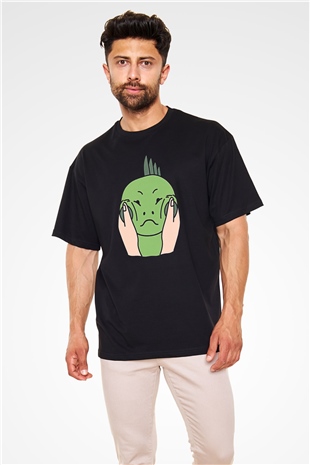 İguana Baskılı Unisex Siyah Oversize Tişört - Tshirt
