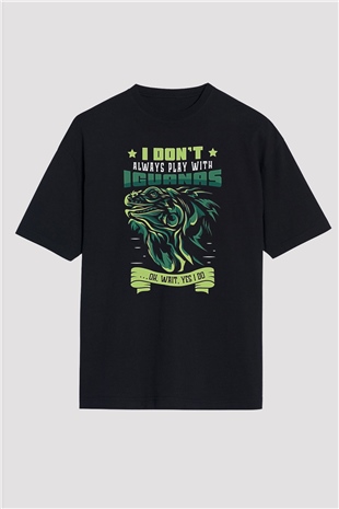İguana Baskılı Unisex Siyah Oversize Tişört - Tshirt
