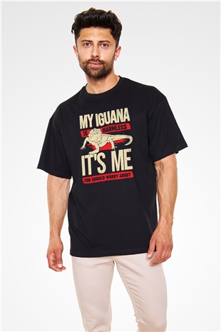 İguana Baskılı Unisex Siyah Oversize Tişört - Tshirt