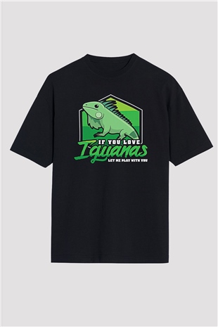 İguana Baskılı Unisex Siyah Oversize Tişört - Tshirt