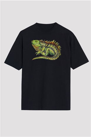 İguana Baskılı Unisex Siyah Oversize Tişört - Tshirt