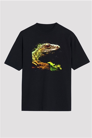 İguana Baskılı Unisex Siyah Oversize Tişört - Tshirt