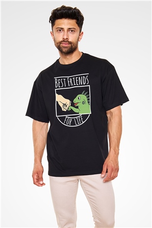 İguana Baskılı Unisex Siyah Oversize Tişört - Tshirt