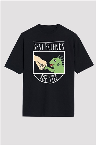 İguana Baskılı Unisex Siyah Oversize Tişört - Tshirt