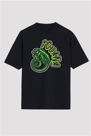 İguana Baskılı Unisex Siyah Oversize Tişört - Tshirt