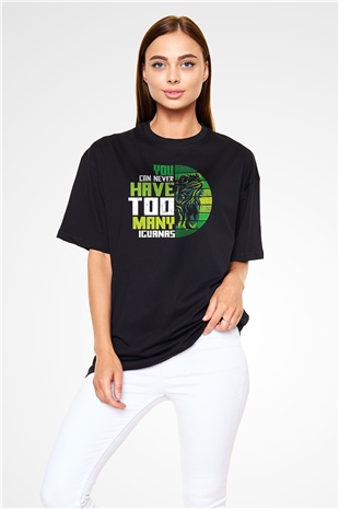 İguana Baskılı Unisex Siyah Oversize Tişört - Tshirt