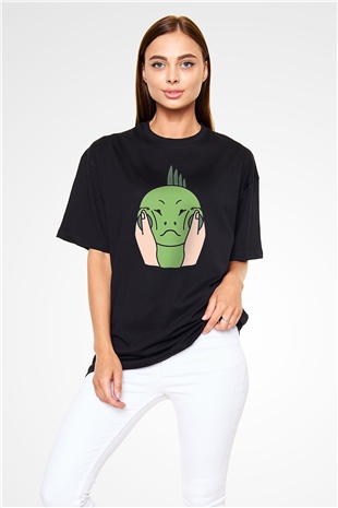 İguana Baskılı Unisex Siyah Oversize Tişört - Tshirt