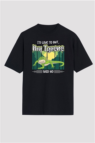 İguana Baskılı Unisex Siyah Oversize Tişört - Tshirt