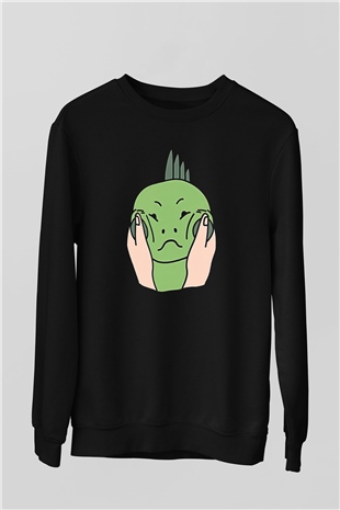 İguana Baskılı Unisex Siyah Sweatshirt
