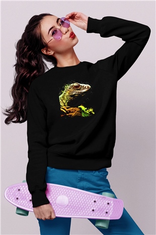 İguana Baskılı Unisex Siyah Sweatshirt