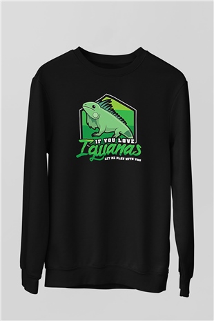 İguana Baskılı Unisex Siyah Sweatshirt