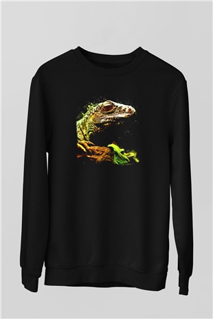 İguana Baskılı Unisex Siyah Sweatshirt