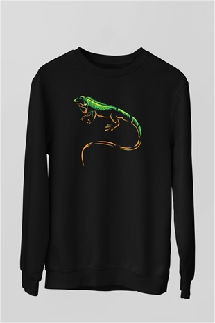 İguana Baskılı Unisex Siyah Sweatshirt