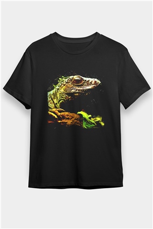 İguana Baskılı Unisex Siyah Tişört - Tshirt