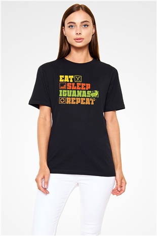 İguana Baskılı Unisex Siyah Tişört - Tshirt