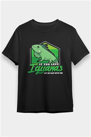 İguana Baskılı Unisex Siyah Tişört - Tshirt
