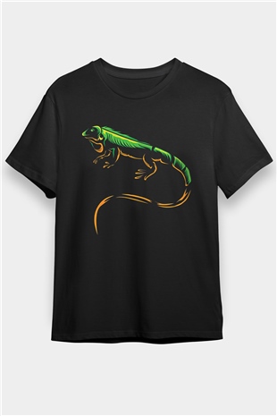 İguana Baskılı Unisex Siyah Tişört - Tshirt