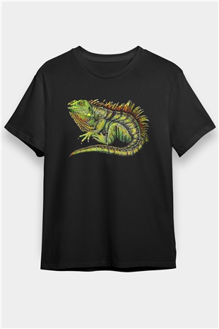 İguana Baskılı Unisex Siyah Tişört - Tshirt