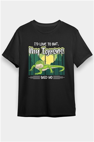 İguana Baskılı Unisex Siyah Tişört - Tshirt