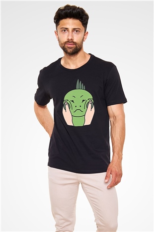 İguana Baskılı Unisex Siyah Tişört - Tshirt