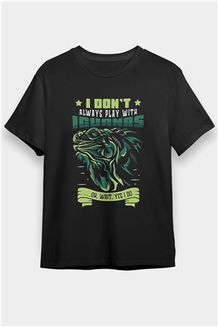 İguana Baskılı Unisex Siyah Tişört - Tshirt
