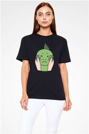 İguana Baskılı Unisex Siyah Tişört - Tshirt