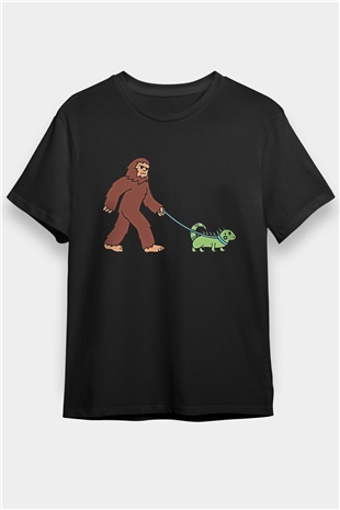İguana Baskılı Unisex Siyah Tişört - Tshirt