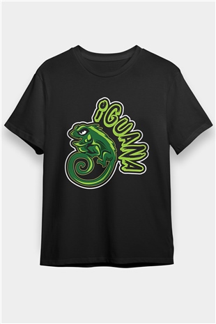 İguana Baskılı Unisex Siyah Tişört - Tshirt