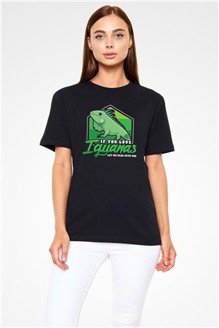 İguana Baskılı Unisex Siyah Tişört - Tshirt