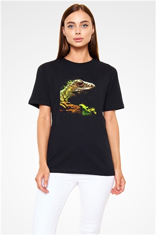 İguana Baskılı Unisex Siyah Tişört - Tshirt