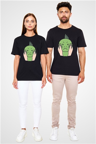 İguana Baskılı Unisex Siyah Tişört - Tshirt