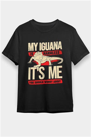 İguana Baskılı Unisex Siyah Tişört - Tshirt