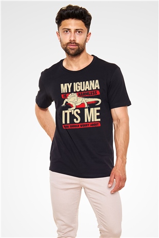 İguana Baskılı Unisex Siyah Tişört - Tshirt
