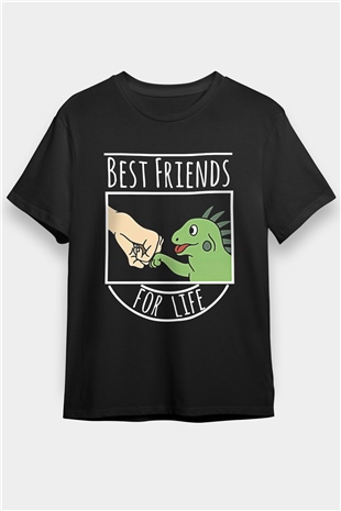 İguana Baskılı Unisex Siyah Tişört - Tshirt