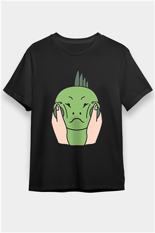 İguana Baskılı Unisex Siyah Tişört - Tshirt