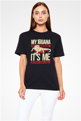 İguana Baskılı Unisex Siyah Tişört - Tshirt